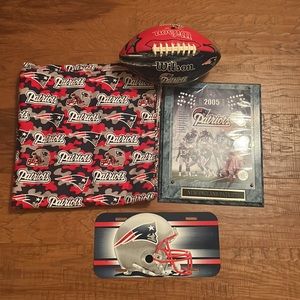 New England Patriots blanket, football, fabric, license plate, 2005 team plaque